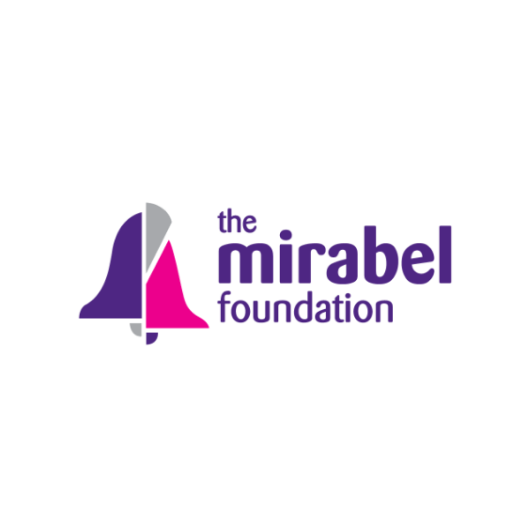 Logo for The Mirabel Foundation featuring a bell icon in purple, grey, and pink next to the text.