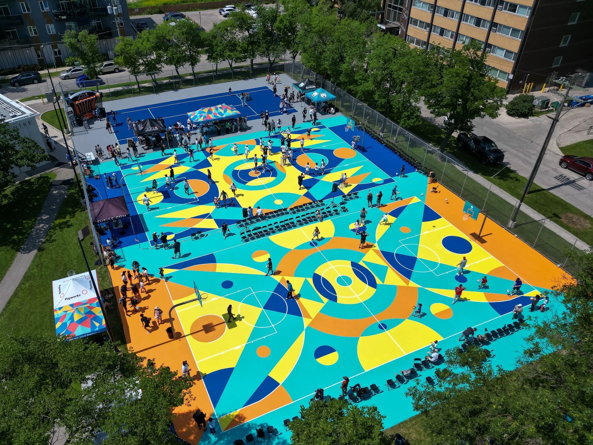 Aerial view of a colourful refurbished Buckets & Borders court