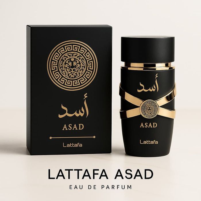 Frasco y caja de perfume negro con detalles dorados, "Asad" en árabe e inglés, marca Lattafa.
