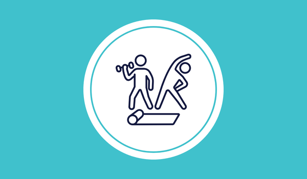 White safety icon of two people stepping away from a falling object on a turquoise background
