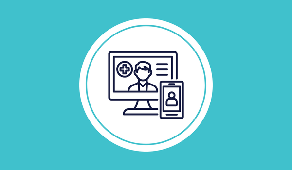 Telehealth video call icon on a teal background with a doctor on a monitor and a smartphone