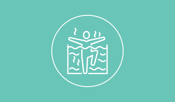 White sauna icon inside a circle on a teal background, showing a seated person with steam lines.