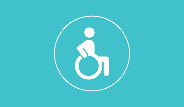 White wheelchair accessibility icon in a circle on a turquoise background