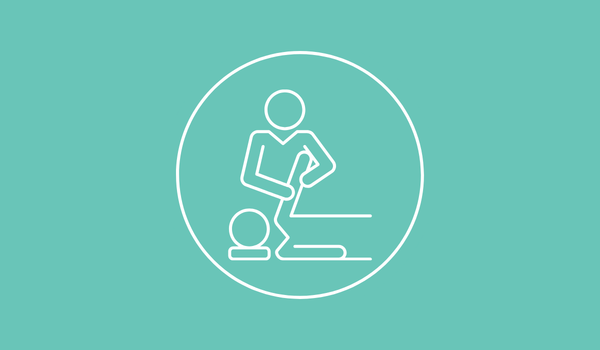 White line icon of a person exercising on a teal background inside a circle