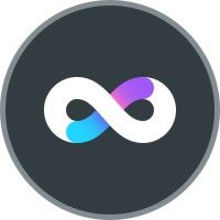 Dark gray circular logo with a white infinity symbol accented in blue and purple.