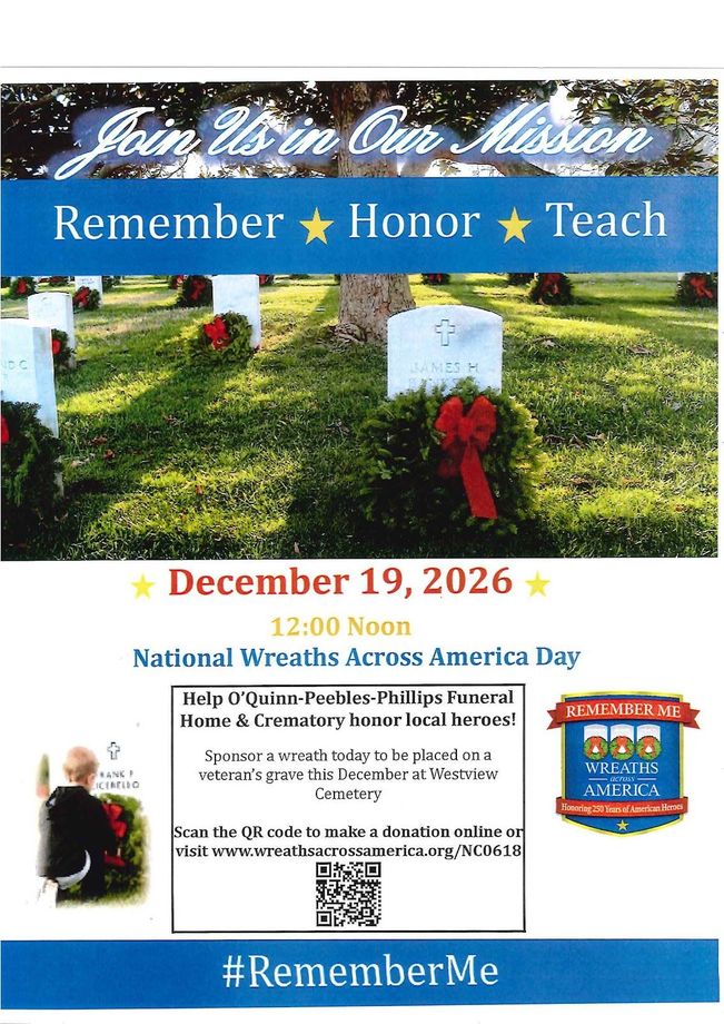 Wreaths Across America flyer: National Wreaths Across America Day, December 19, 2026, at Westview Cemetery