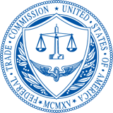 Federal Trade Commission seal: scales, wings, and text in blue and white.