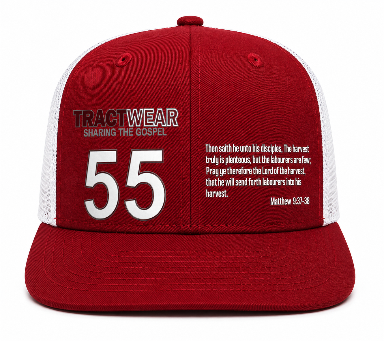 Red Tractwear baseball cap with white mesh sides and large “55” graphic on the front.