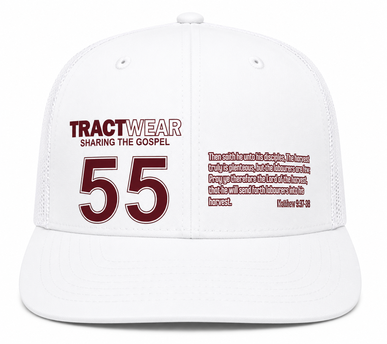 Red Tractwear baseball cap with white mesh sides and large “55” graphic on the front.