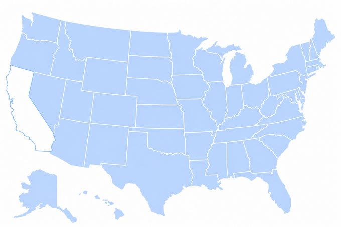 Light blue map of the United States with state boundaries, including Alaska and Hawaii inset.