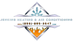 Jenkins Heating & Air Conditioning logo with blue snowflake and orange flame in diamond shape