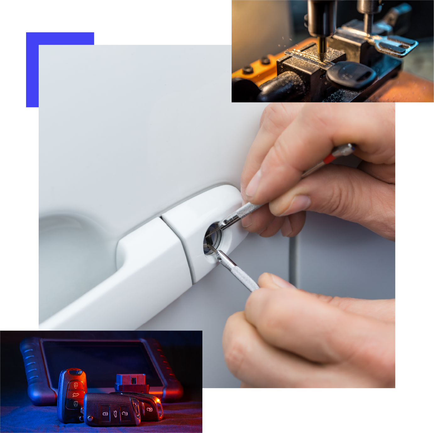 A person is fixing a car door lock with a screwdriver.