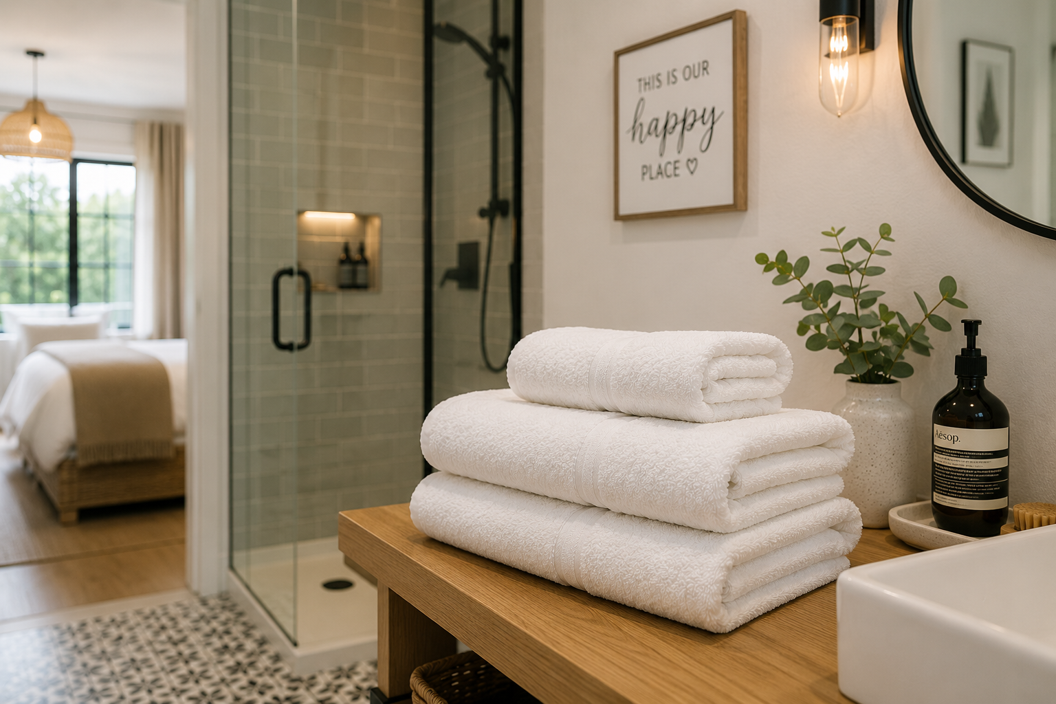Set of white bath towels in a bathroom