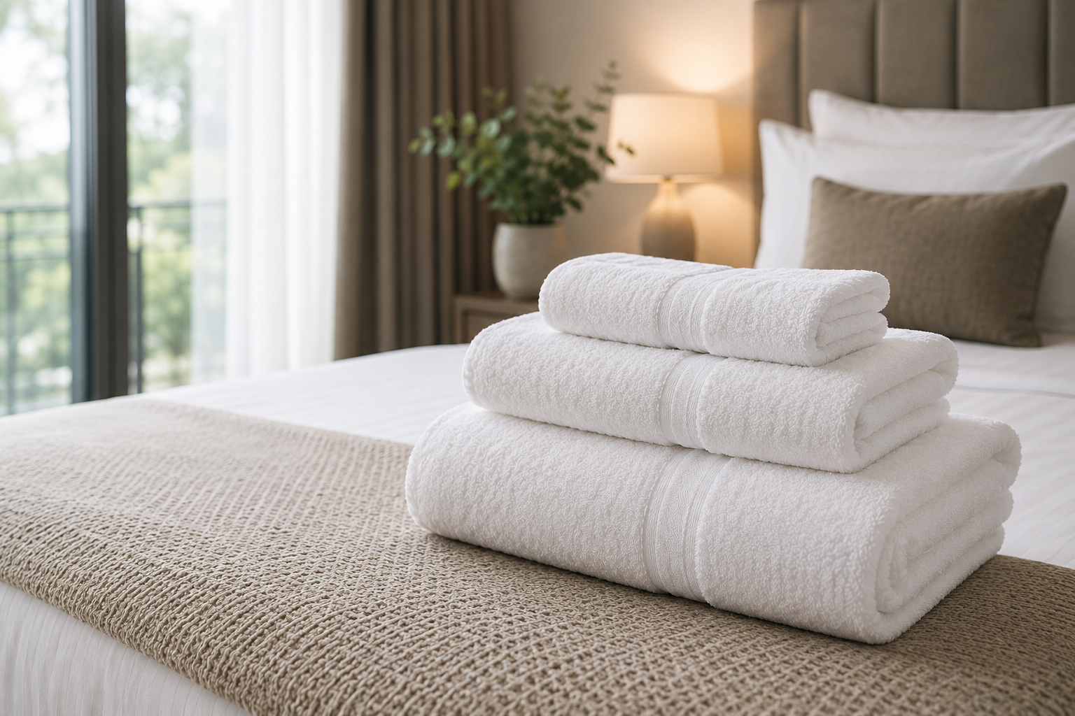 Bale of white luxury towels on a bed