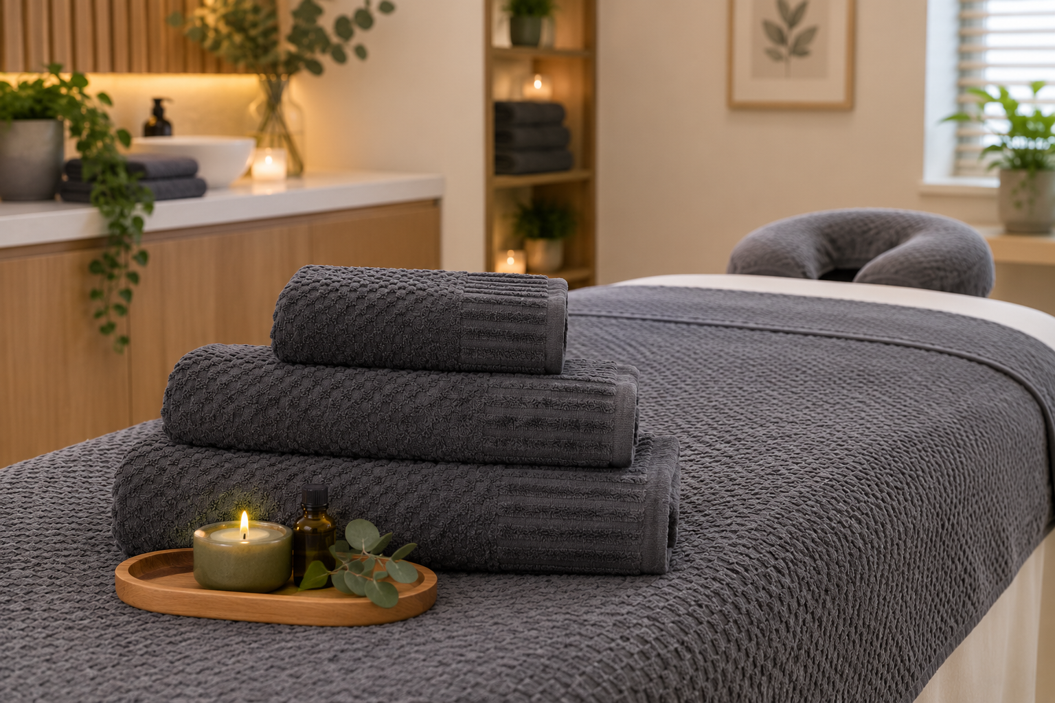 Bursali Charcoal Waffle Towels in Spa Room Setting
