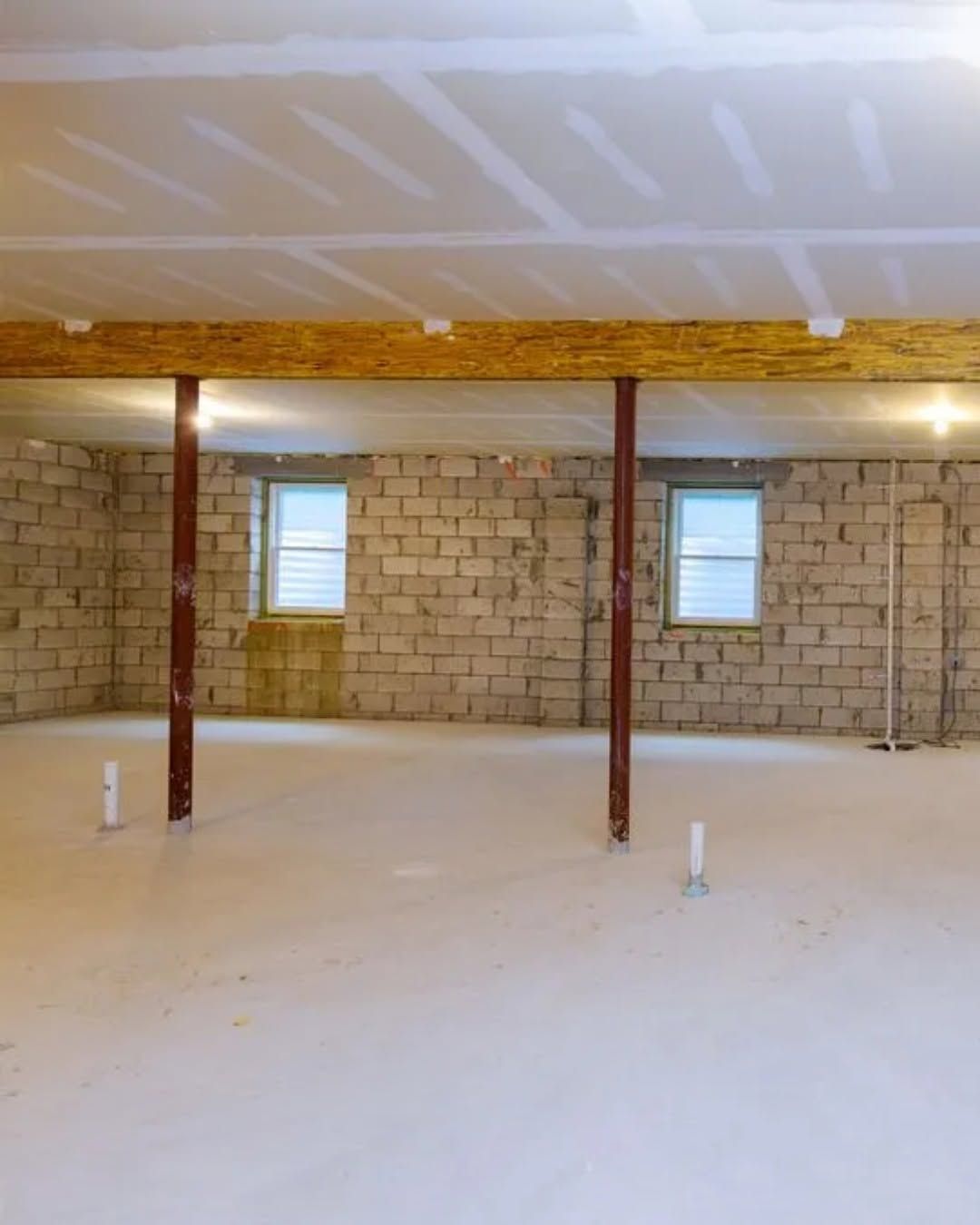 Unfinished basement with concrete floor, exposed ceiling, brick walls, and two support posts.