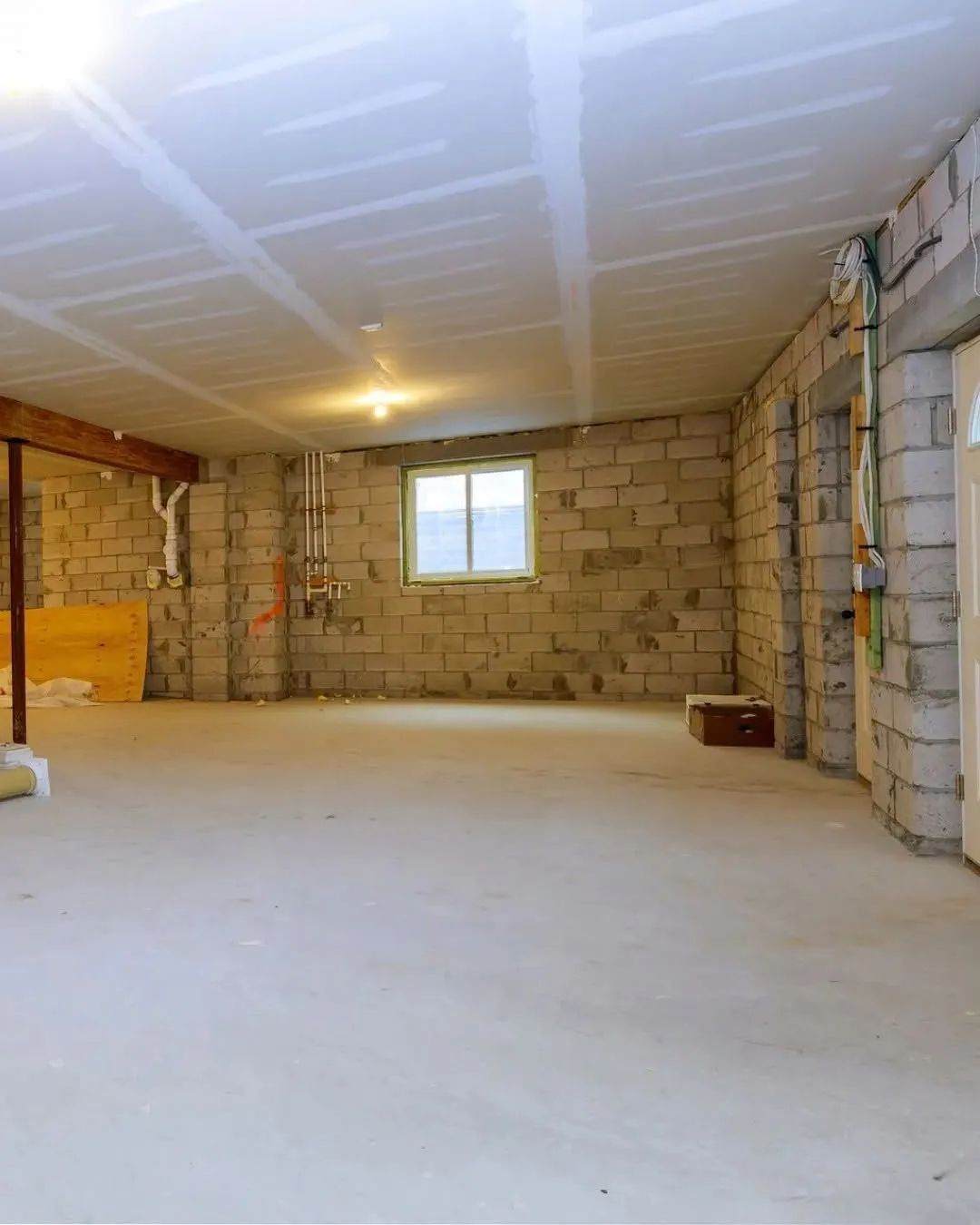 Empty unfinished room with cinder block walls, white ceiling, concrete floor, and a small window.