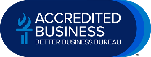 Better Business Bureau Accredited Business logo with blue torch icon on a blue oval banner