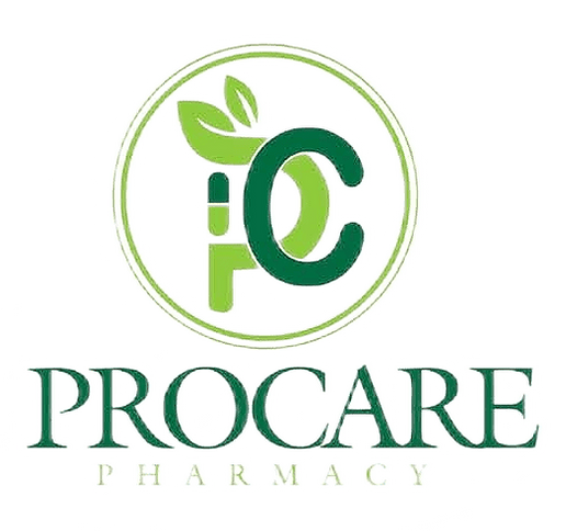 Procare Pharmacy logo: green circle with letters PC intertwined, leaves. Text 