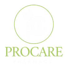 Logo for Procare Pharmacy: green circle with PC initials and leaves, text below.