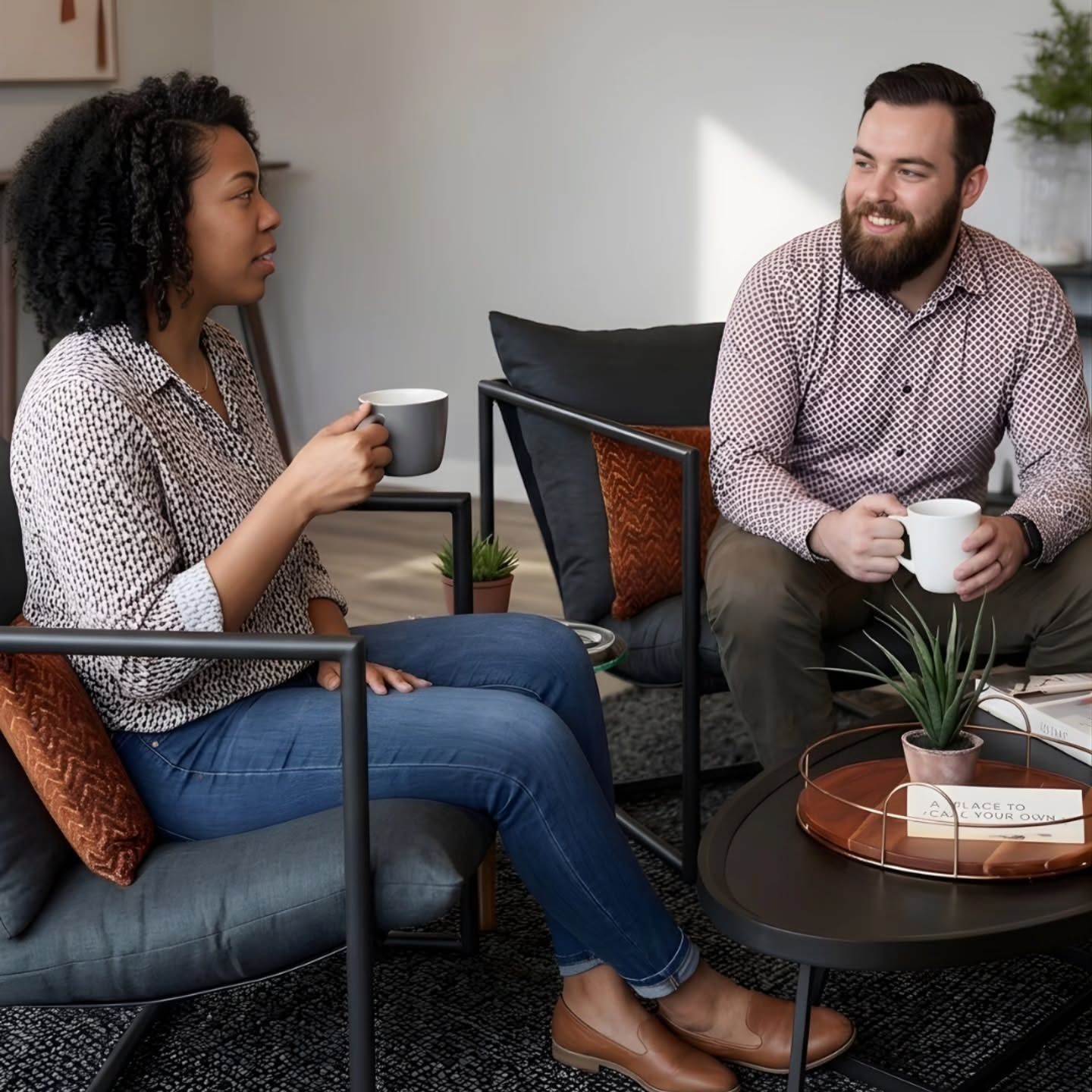 Two coworkers chatting over coffee in a modern living room with a sofa and coffee table