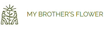 Logo with two figures tending a plant, sun above. Text: My Brother's Flower.