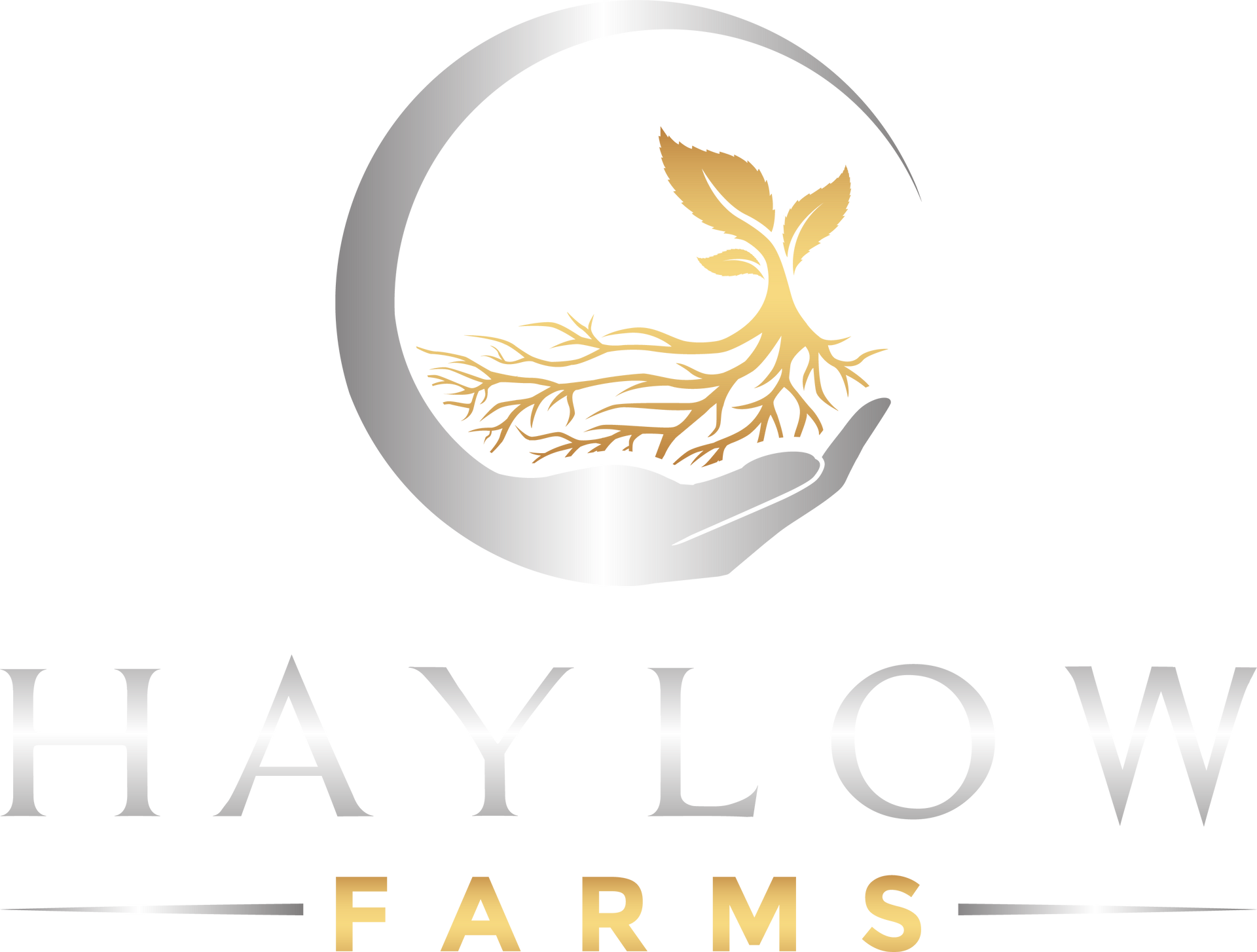 Logo: Silver circle with golden roots and leaves held in a silver hand; text 