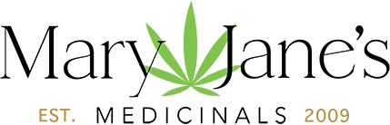 Mary Jane's Medicinals logo with a green cannabis leaf, black text and