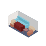 A room with a couch , dresser , table and chairs in it.