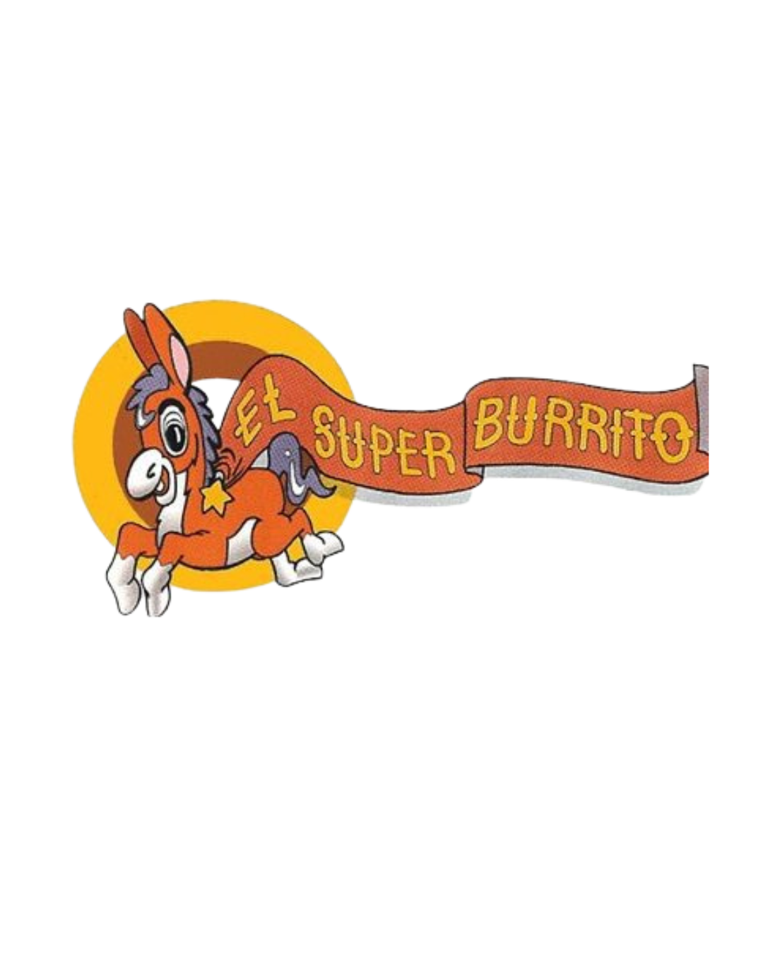 The logo for el super burrito shows a donkey holding a banner.