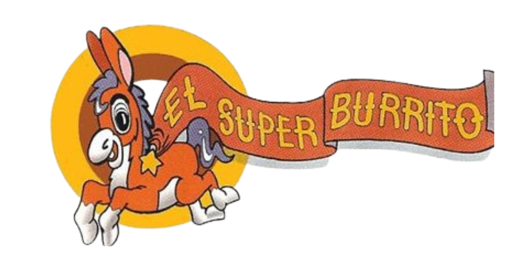 A logo for el super burrito with a cartoon donkey
