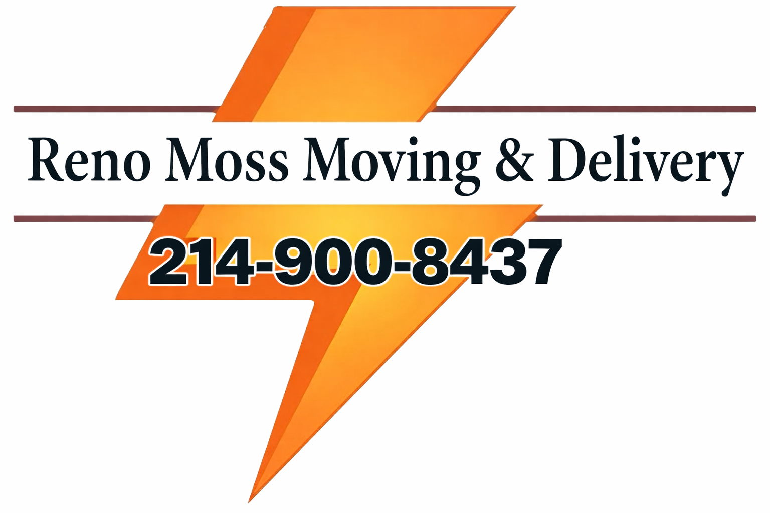 Logo for Reno Moss Moving & Delivery with text and phone number 214-900-8437 layered over an orange lightning bolt.
