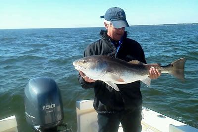 Person on a boat holding a large fish on the open water.