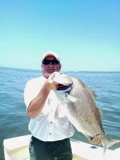 Man on a boat holding a large fish on a sunny lake with blue sky and calm water