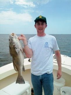 Man on a boat holding up a large fish with the ocean behind him
