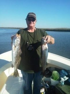 Person on a boat holding two large fish, with water and shoreline in the background.