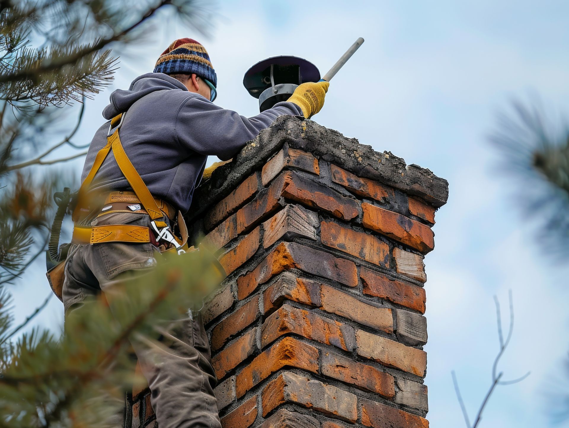 A man is standing on top of a brick chimney.