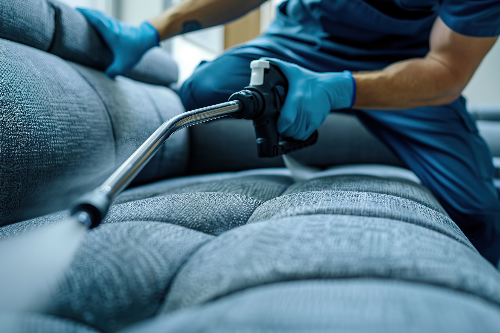 A man is cleaning a couch with a vacuum cleaner.