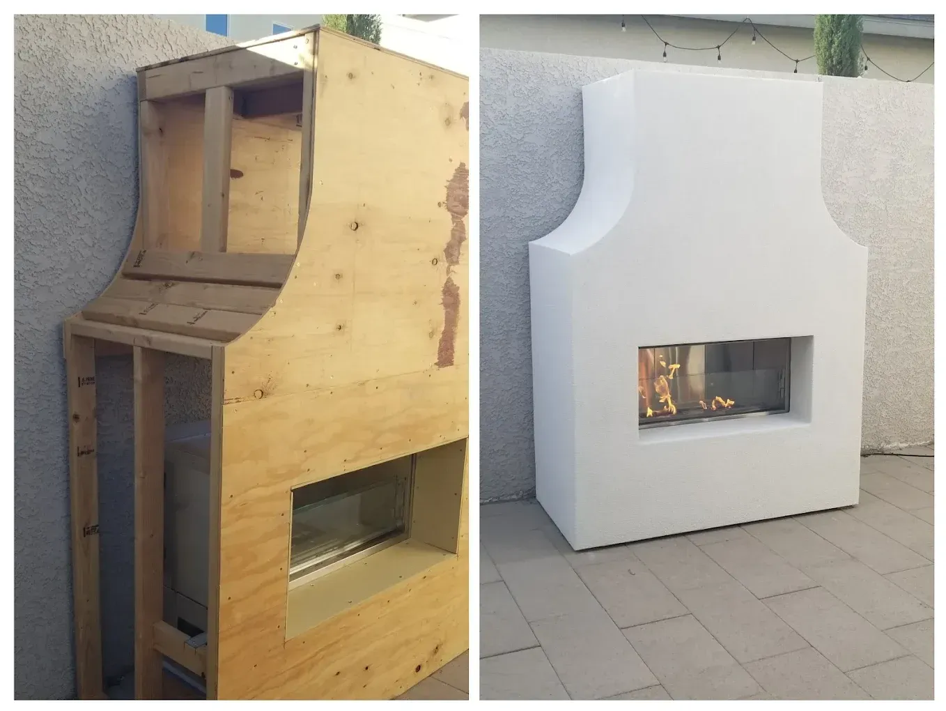 Before and after: Wooden fireplace frame vs. finished white fireplace with a glass front.