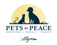 Pets at Peace logo with dog and cat silhouettes in front of a yellow sun, plus “by Myers” text