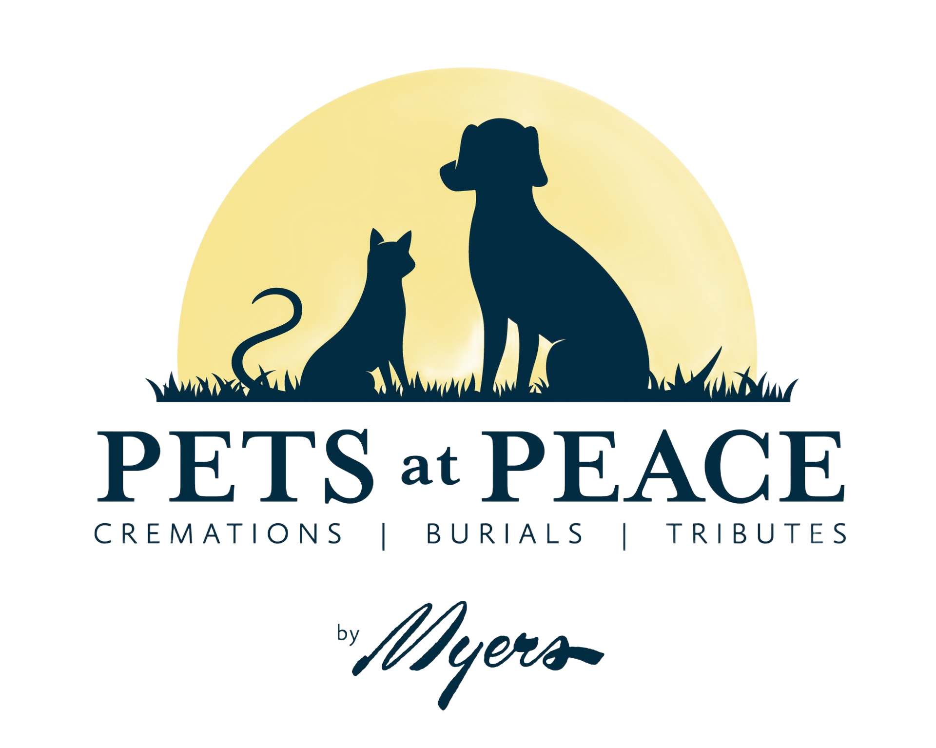 Pets at Peace logo with silhouetted cat and dog in a yellow circle, cremations, burials, tributes