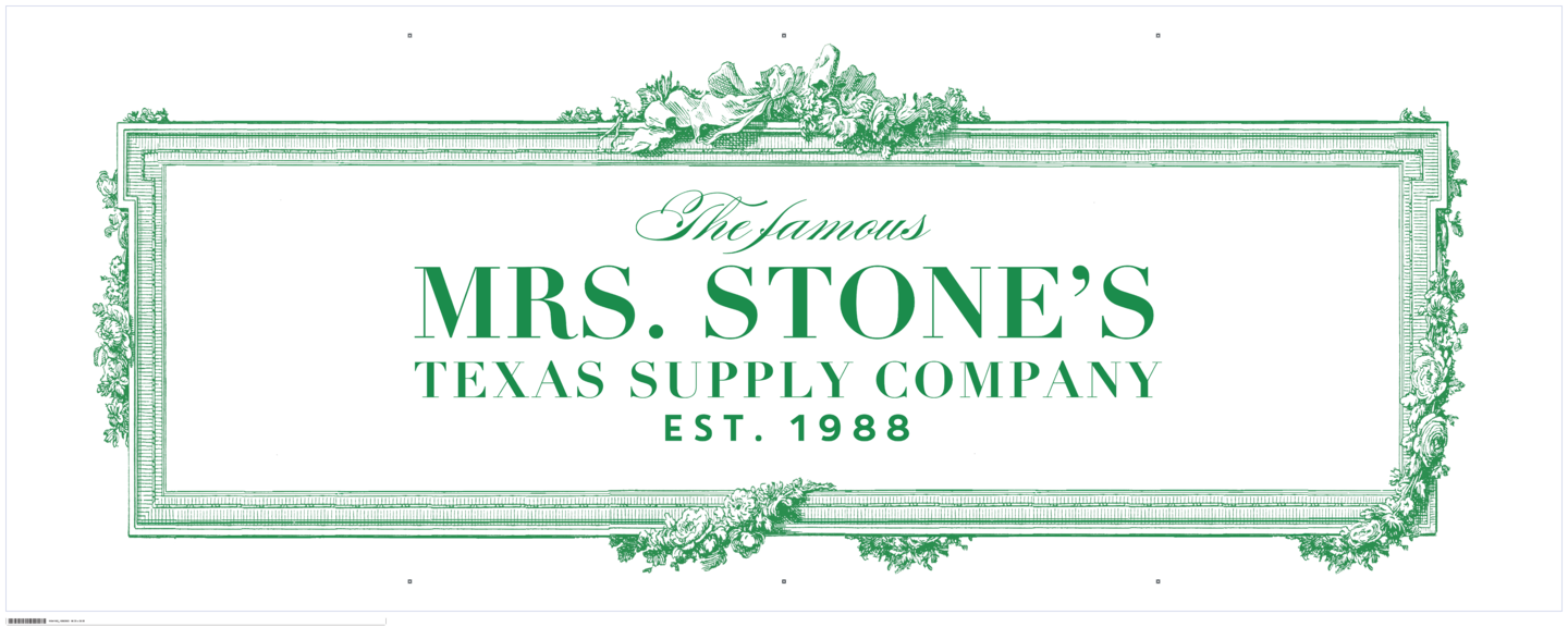 Green and white logo for Mrs. Stone's Texas Supply Company. Includes a decorative border and established year, 1988.