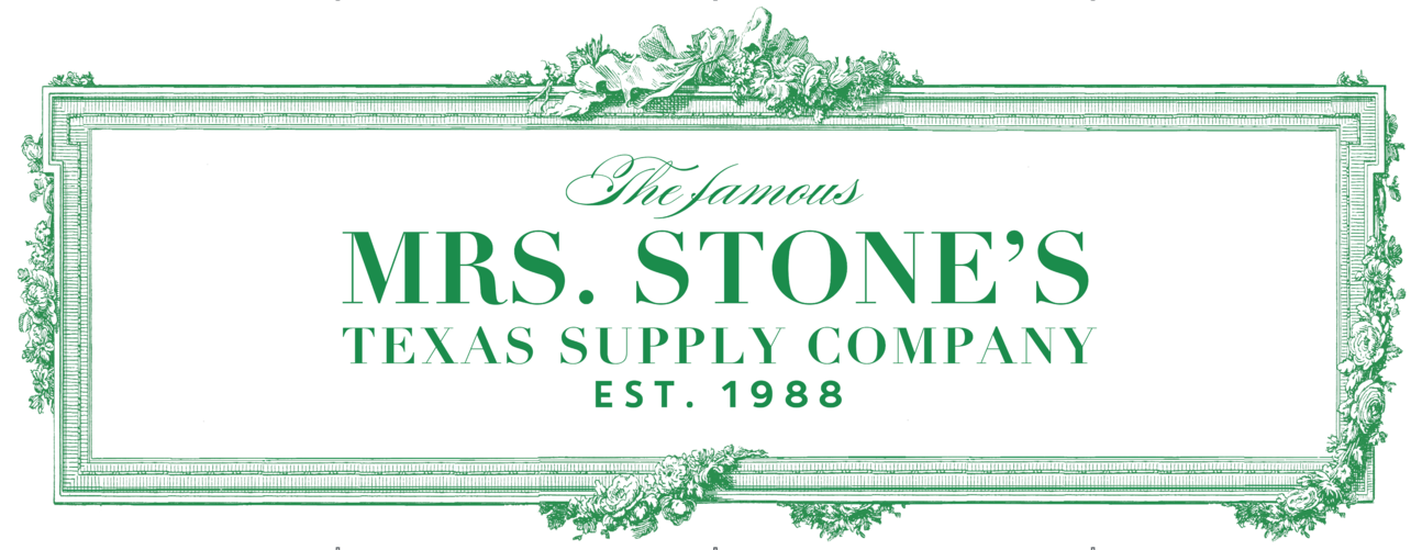 Logo for Mrs. Stone's Texas Supply Company. Green text on a white background, framed in green with floral accents. Established 1988.