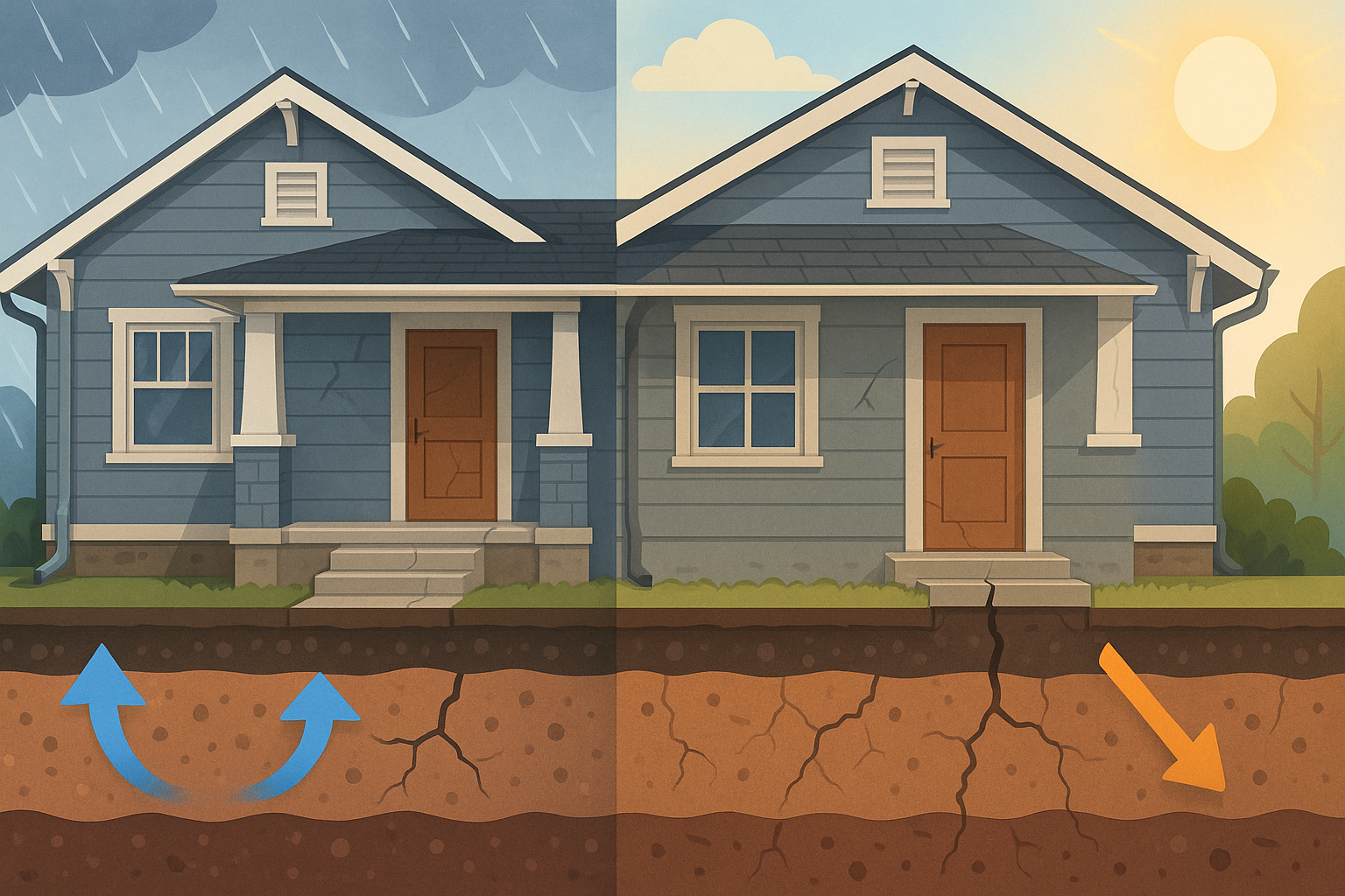 Illustration: A house split, showing rain (left) and sun (right) effects on soil and foundation cracks.