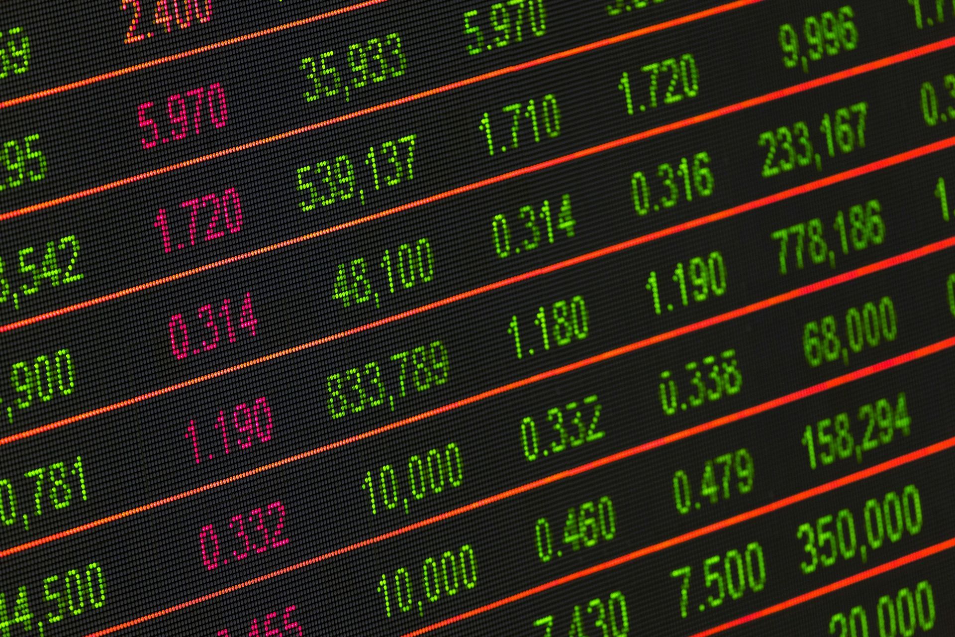 Stock market data displayed on a digital screen with green and red numbers.