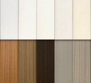 there are many different types of color faux wood blinds in this picture .
