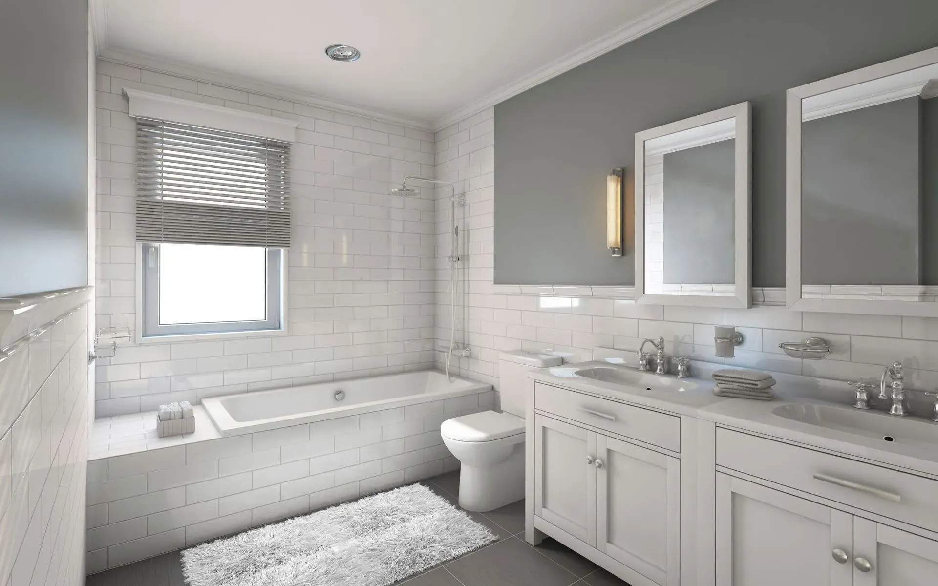 A bathroom with two sinks , a toilet , and a bathtub.