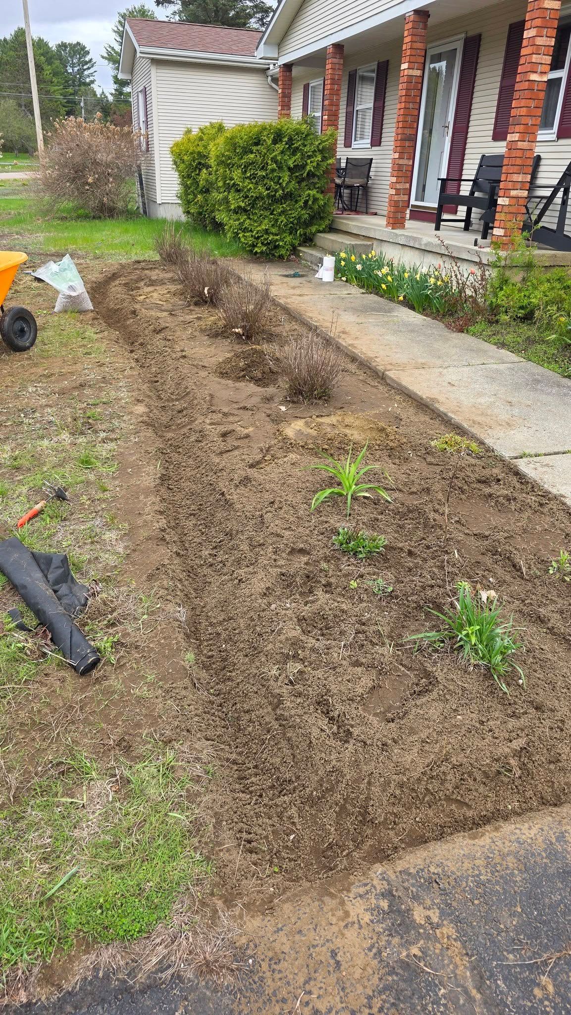 Front yard garden bed with fresh soil and small plants beside a brick house and walkway