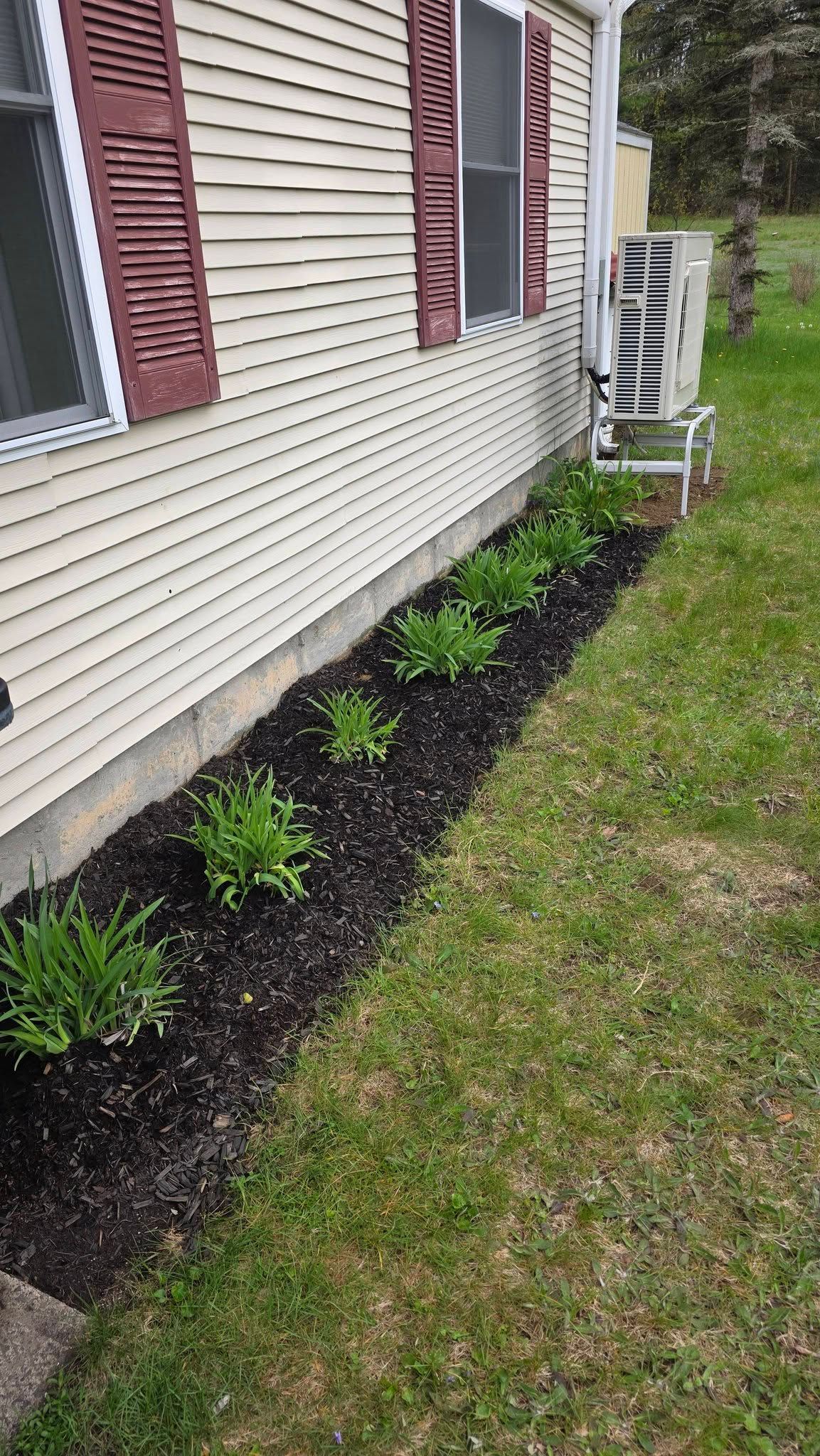 Side of a house with a fresh mulched flower bed, small plants, and an air conditioner unit
