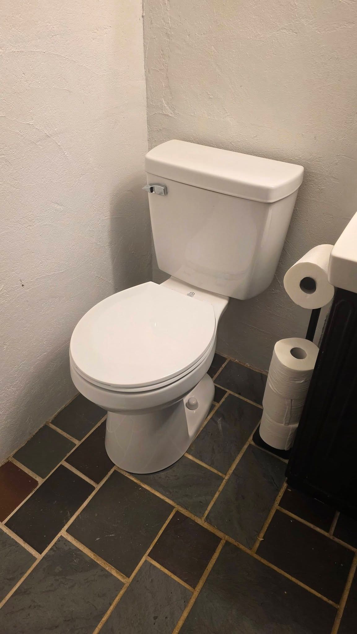 Small bathroom with a white toilet, beige walls, dark tiled floor, and two toilet paper rolls nearby.